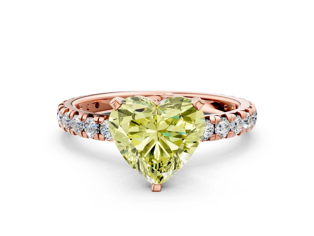 Fancy Yellow Heart Cut Diamond Pavé Solitaire Ring in Rose gold with Round Pavé Band and Prong Setting