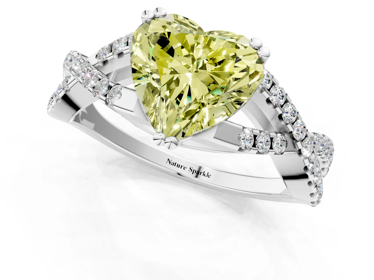 Fancy Yellow Heart Cut Diamond Solitaire Ring in Silver with Interwoven Pavé Band and Prong Setting_7