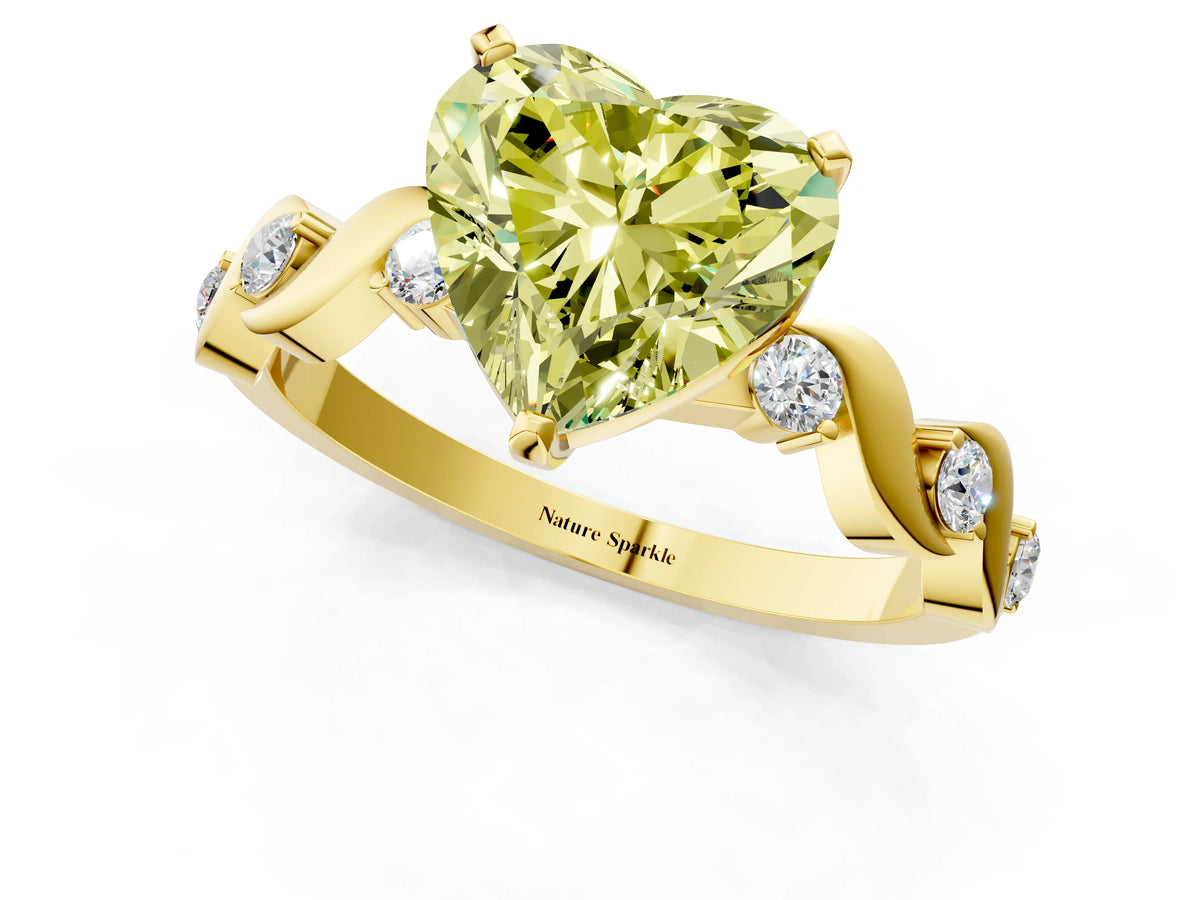 Fancy Yellow Heart Cut Diamond Solitaire Ring in Yellow gold with Twisted Ribbon Band and Round Accents_1
