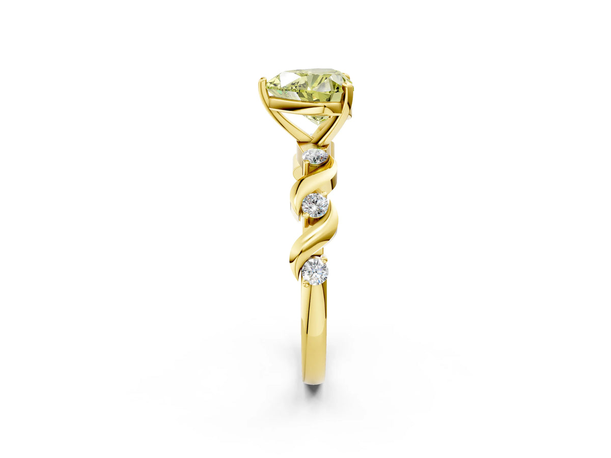 Fancy Yellow Heart Cut Diamond Solitaire Ring in Yellow gold with Twisted Ribbon Band and Round Accents_2