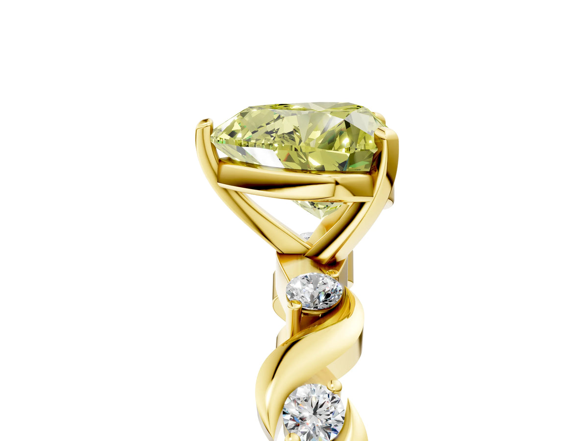 Fancy Yellow Heart Cut Diamond Solitaire Ring in Yellow gold with Twisted Ribbon Band and Round Accents_5