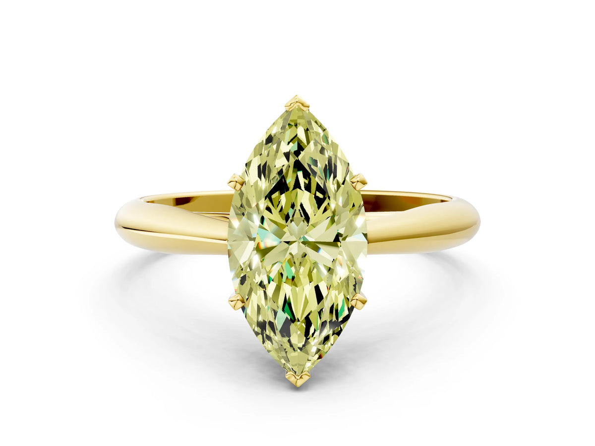 Fancy Yellow Marquise Cut Diamond Cathedral Solitaire Engagement Ring in Yellow gold with Prong Setting