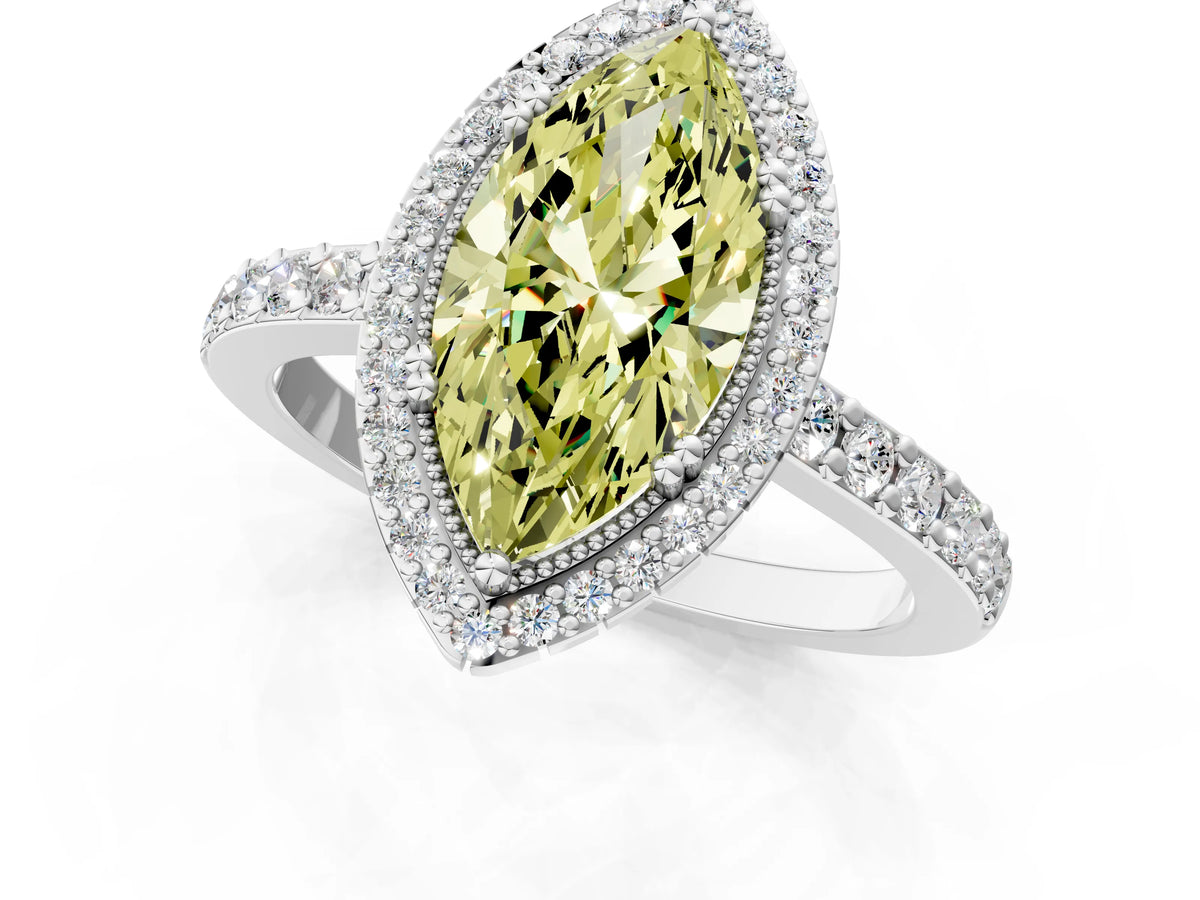 Fancy Yellow Marquise Cut Diamond Halo Engagement Ring in White gold with Milgrain Detail and Pavé Band_1