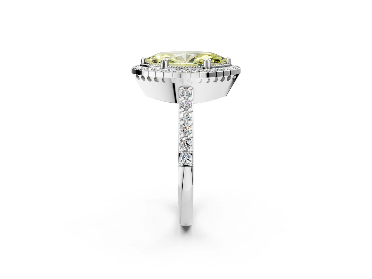 Fancy Yellow Marquise Cut Diamond Halo Engagement Ring in White gold with Milgrain Detail and Pavé Band_2