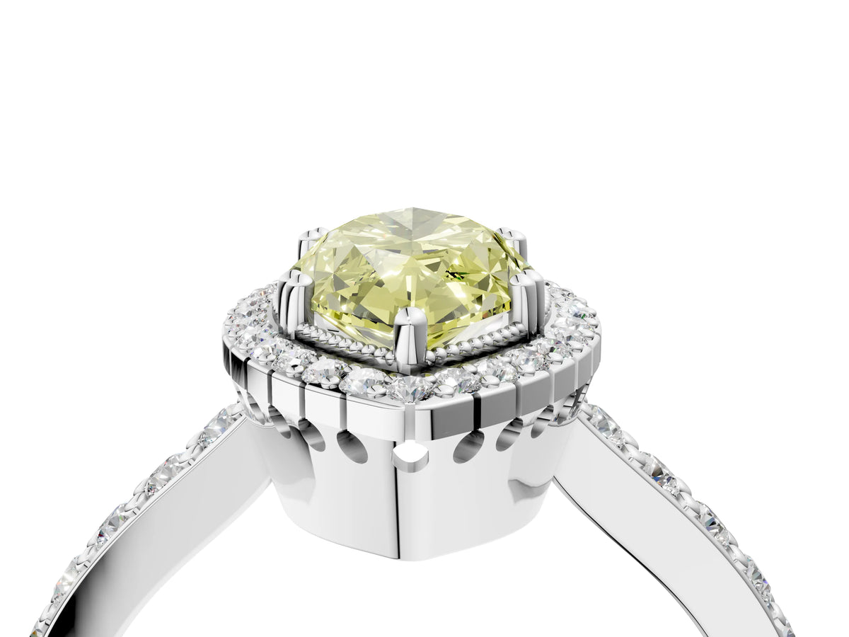 Fancy Yellow Marquise Cut Diamond Halo Engagement Ring in White gold with Milgrain Detail and Pavé Band_4