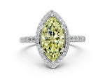 Fancy Yellow Marquise Cut Diamond Halo Engagement Ring in White gold with Milgrain Detail and Pavé Band