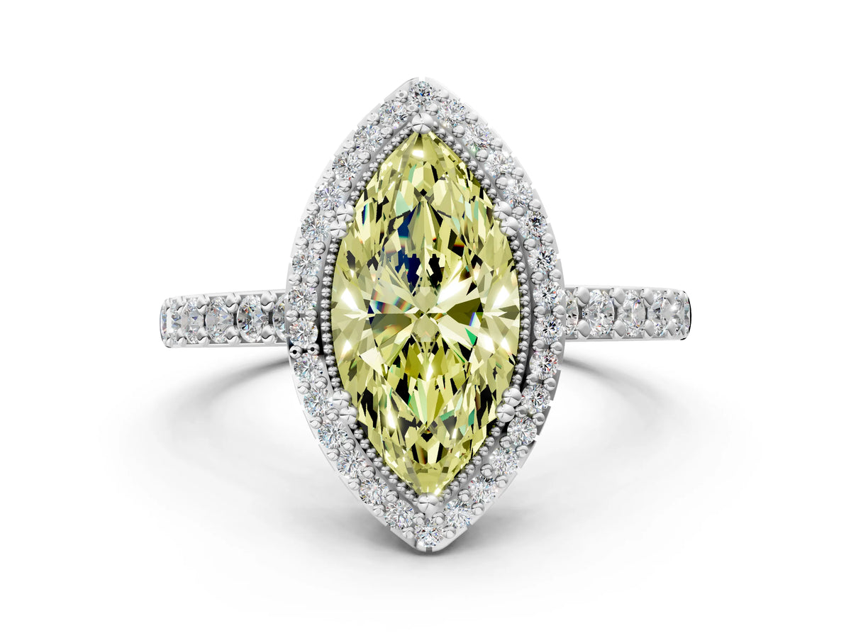 Fancy Yellow Marquise Cut Diamond Halo Engagement Ring in White gold with Milgrain Detail and Pavé Band