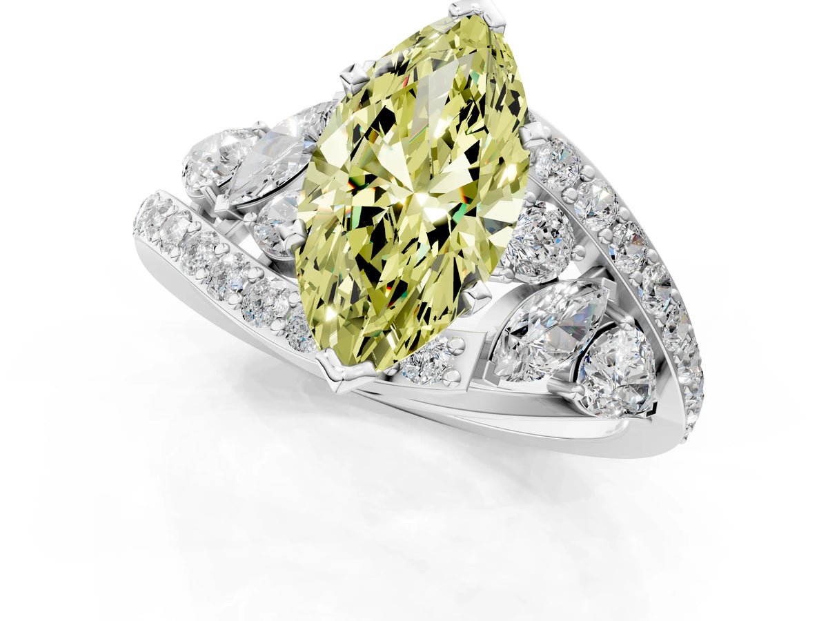 Fancy Yellow Marquise Cut Diamond Halo Ring in Silver with Marquise and Pavé Band in Prong Setting_7