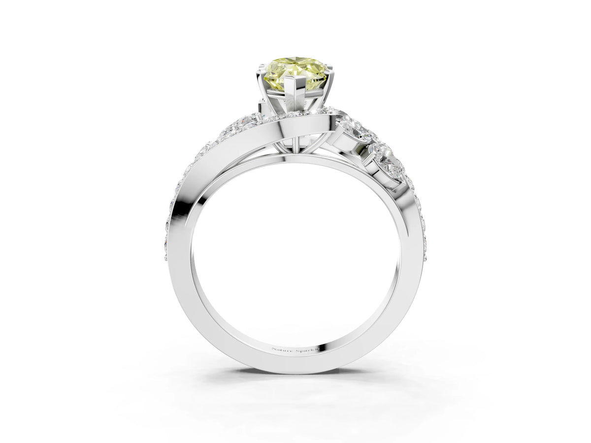 Fancy Yellow Marquise Cut Diamond Halo Ring in Silver with Marquise and Pavé Band in Prong Setting_9