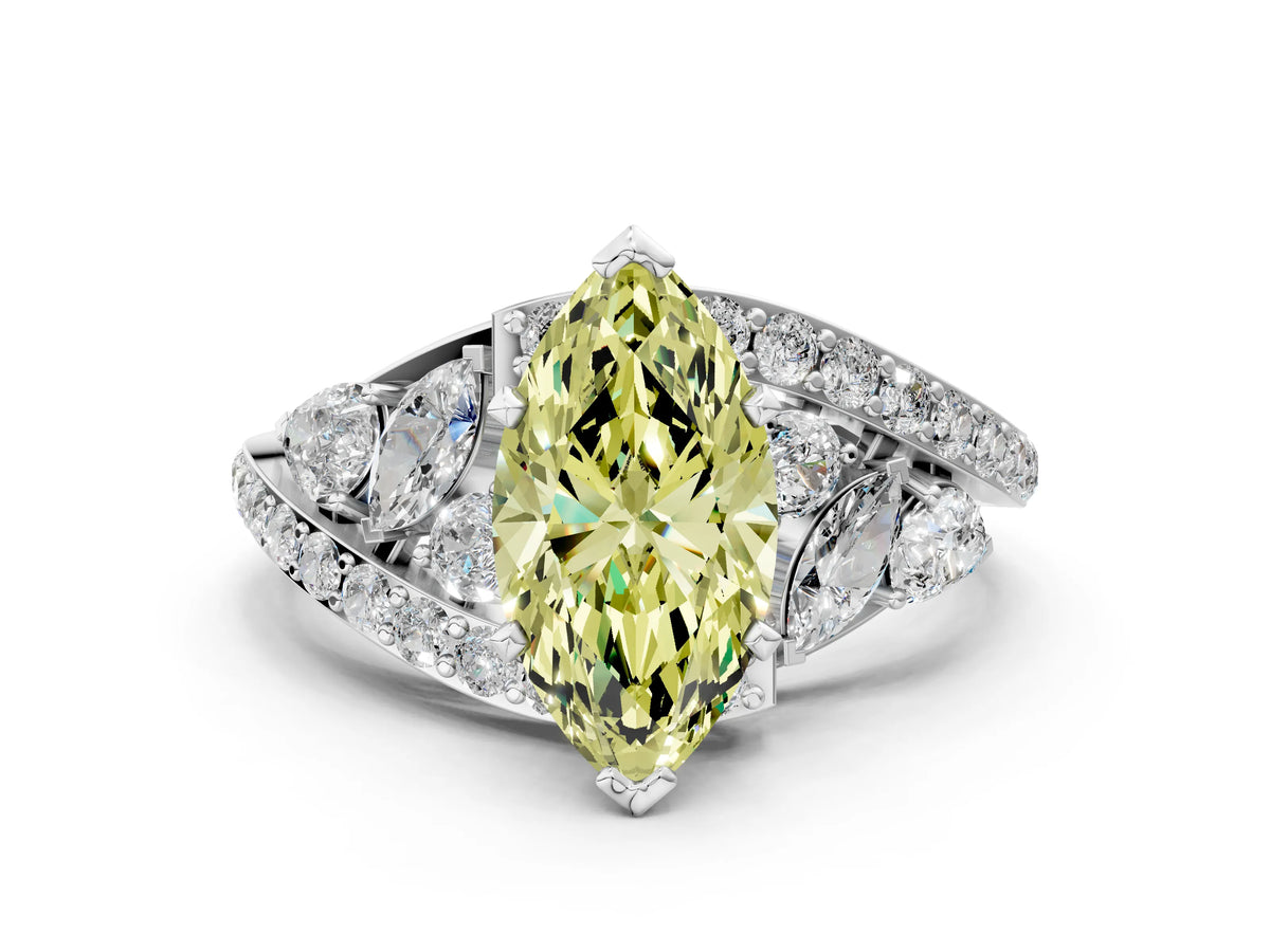 Fancy Yellow Marquise Cut Diamond Halo Ring in White gold with Marquise and Pavé Band in Prong Setting
