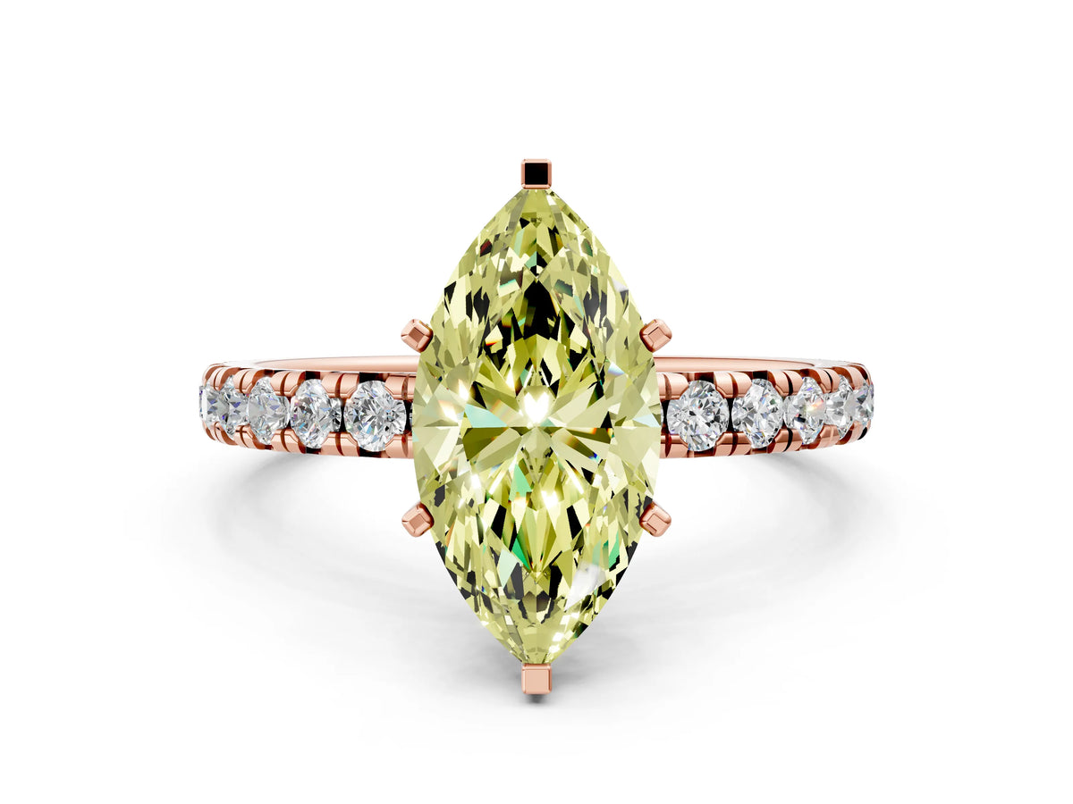 Fancy Yellow Marquise Cut Diamond Pavé Solitaire Ring in Rose gold with Round Pavé Band and Prong Setting
