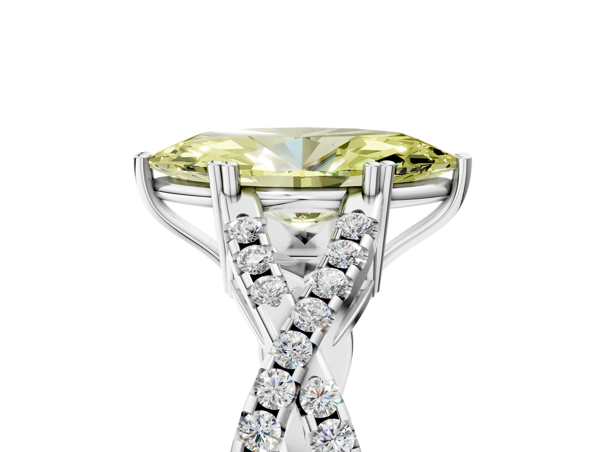Fancy Yellow Marquise Cut Diamond Solitaire Ring in Platinum with Interwoven Pavé Band and Prong Setting_11