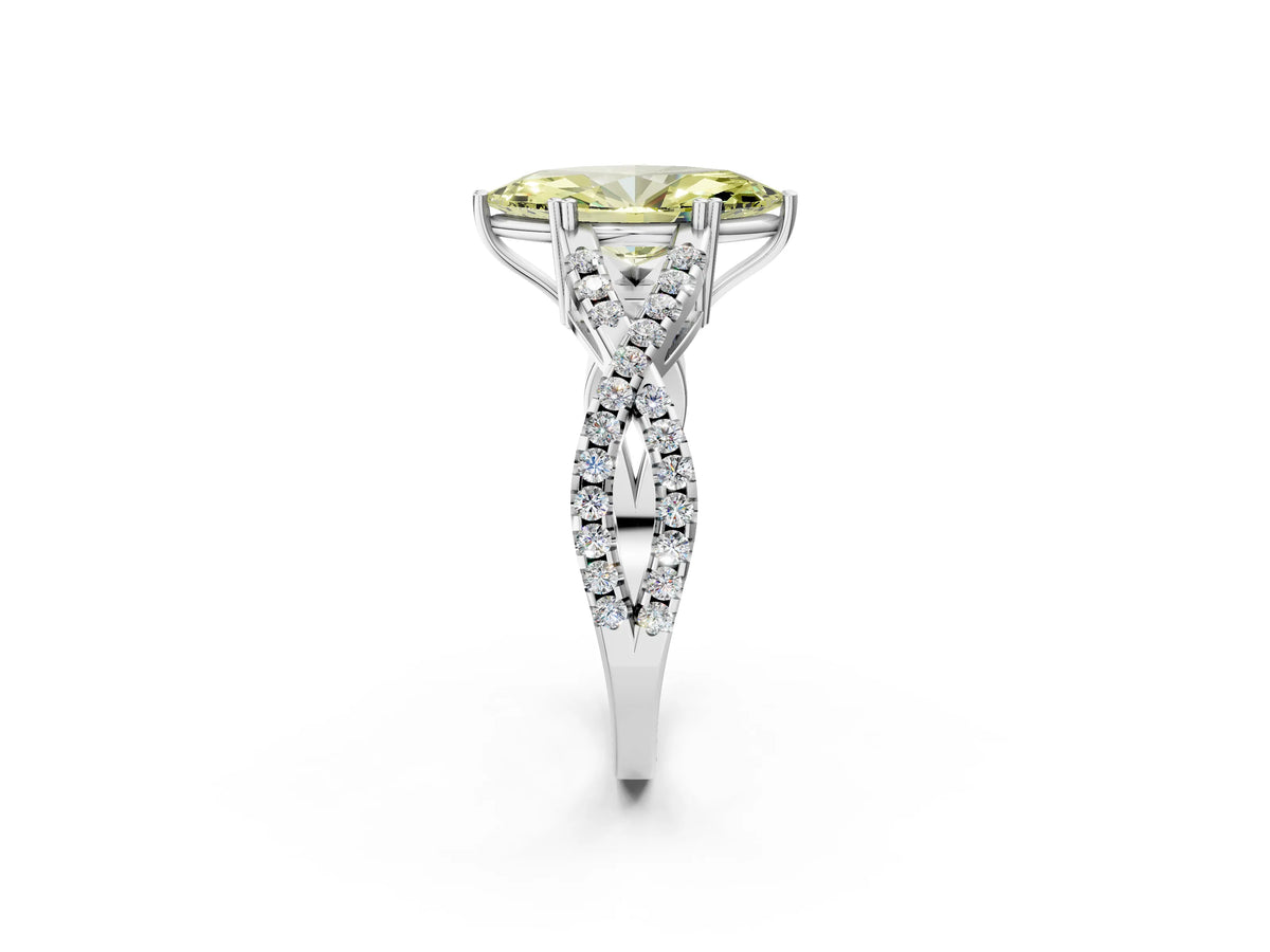Fancy Yellow Marquise Cut Diamond Solitaire Ring in Platinum with Interwoven Pavé Band and Prong Setting_8