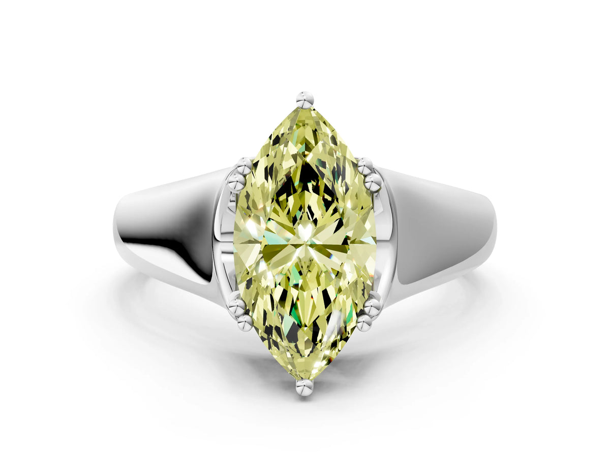 Fancy Yellow Marquise Cut Diamond Solitaire Ring in Platinum with Smooth Wide Band and Prong Setting_12