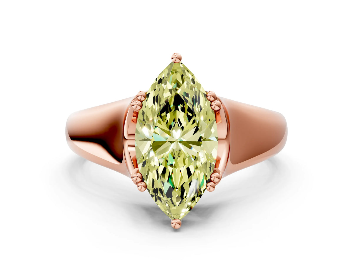 Fancy Yellow Marquise Cut Diamond Solitaire Ring in Rose gold with Smooth Wide Band and Prong Setting