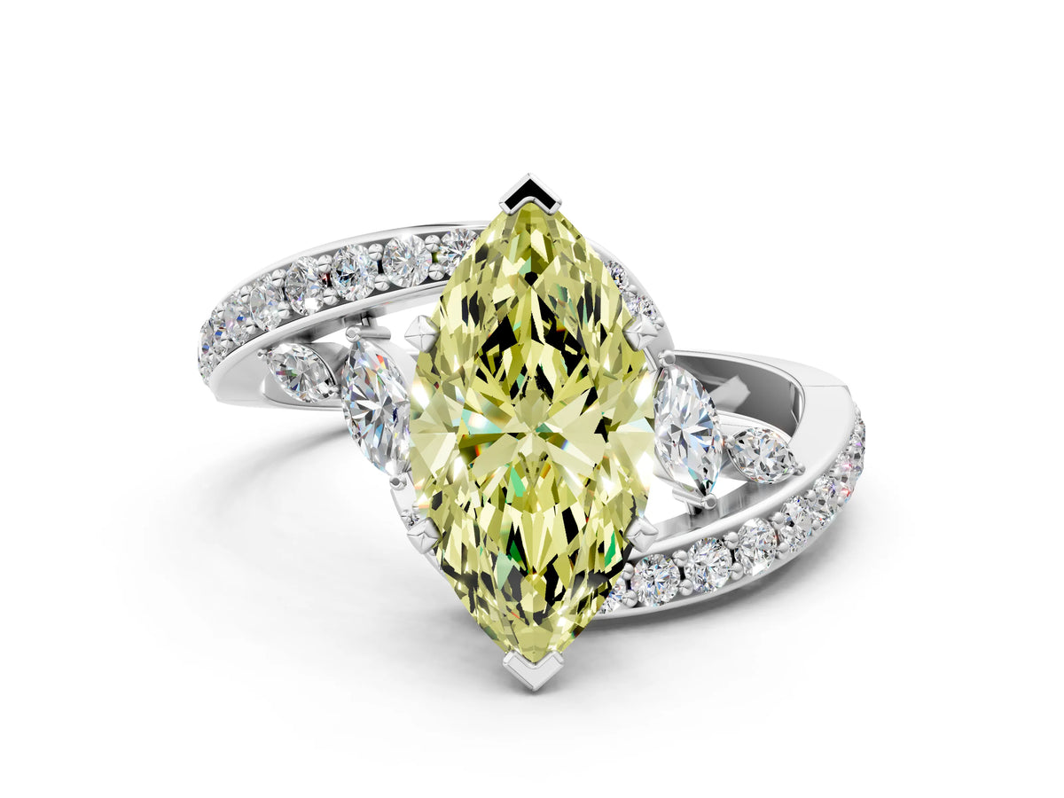 Fancy Yellow Marquise Cut Diamond Solitaire Ring in Silver with Pavé Twist Band and Prong Setting_12