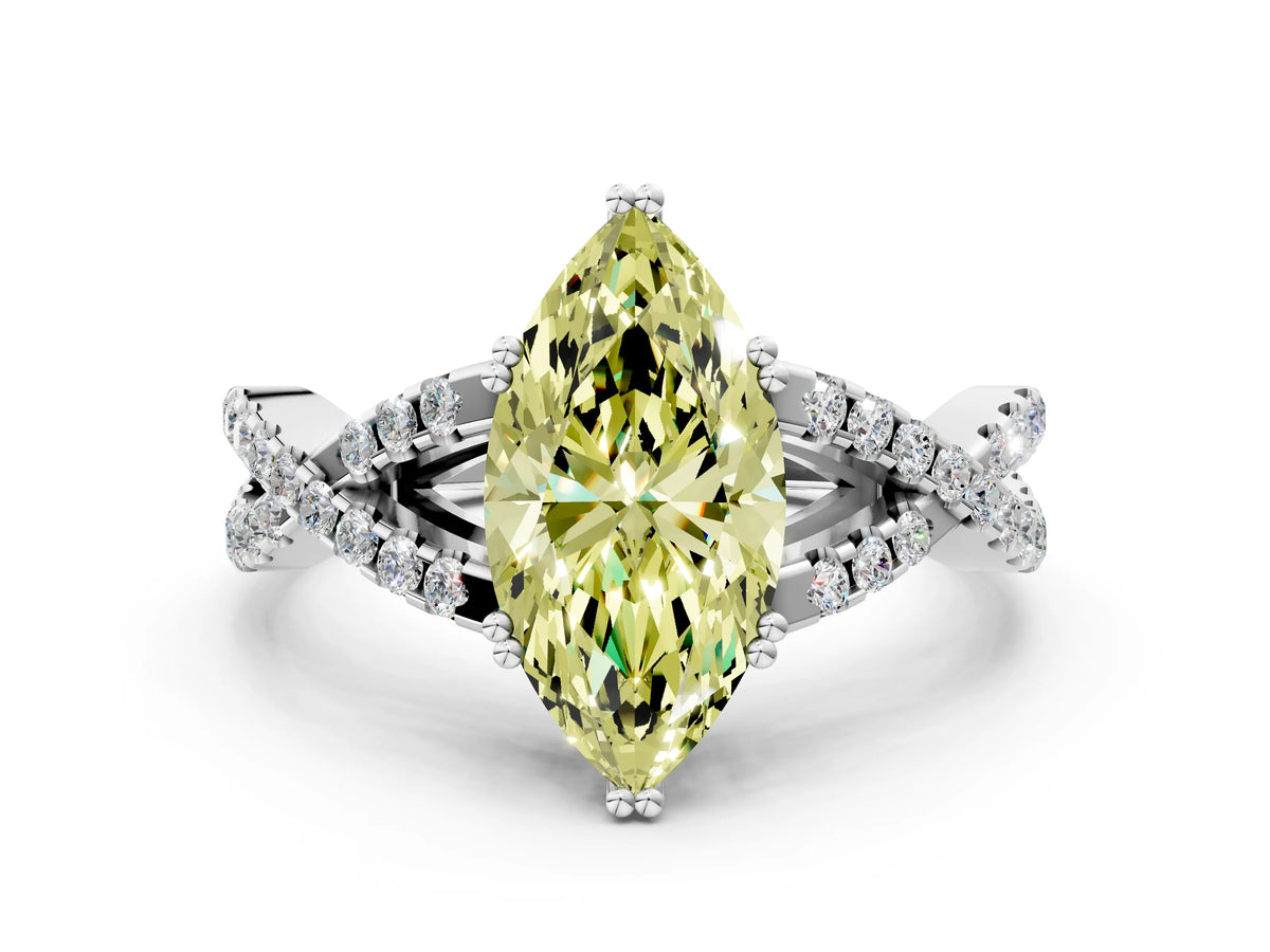 Fancy Yellow Marquise Cut Diamond Solitaire Ring in White gold with Interwoven Pavé Band and Prong Setting