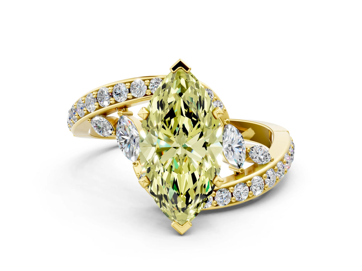 Fancy Yellow Marquise Cut Diamond Solitaire Ring in Yellow gold with Pavé Twist Band and Prong Setting