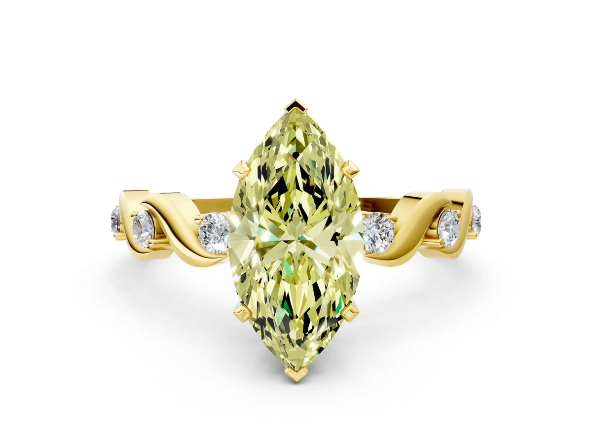 Fancy Yellow Marquise Cut Diamond Solitaire Ring in Yellow gold with Twisted Ribbon Band and Round Accents