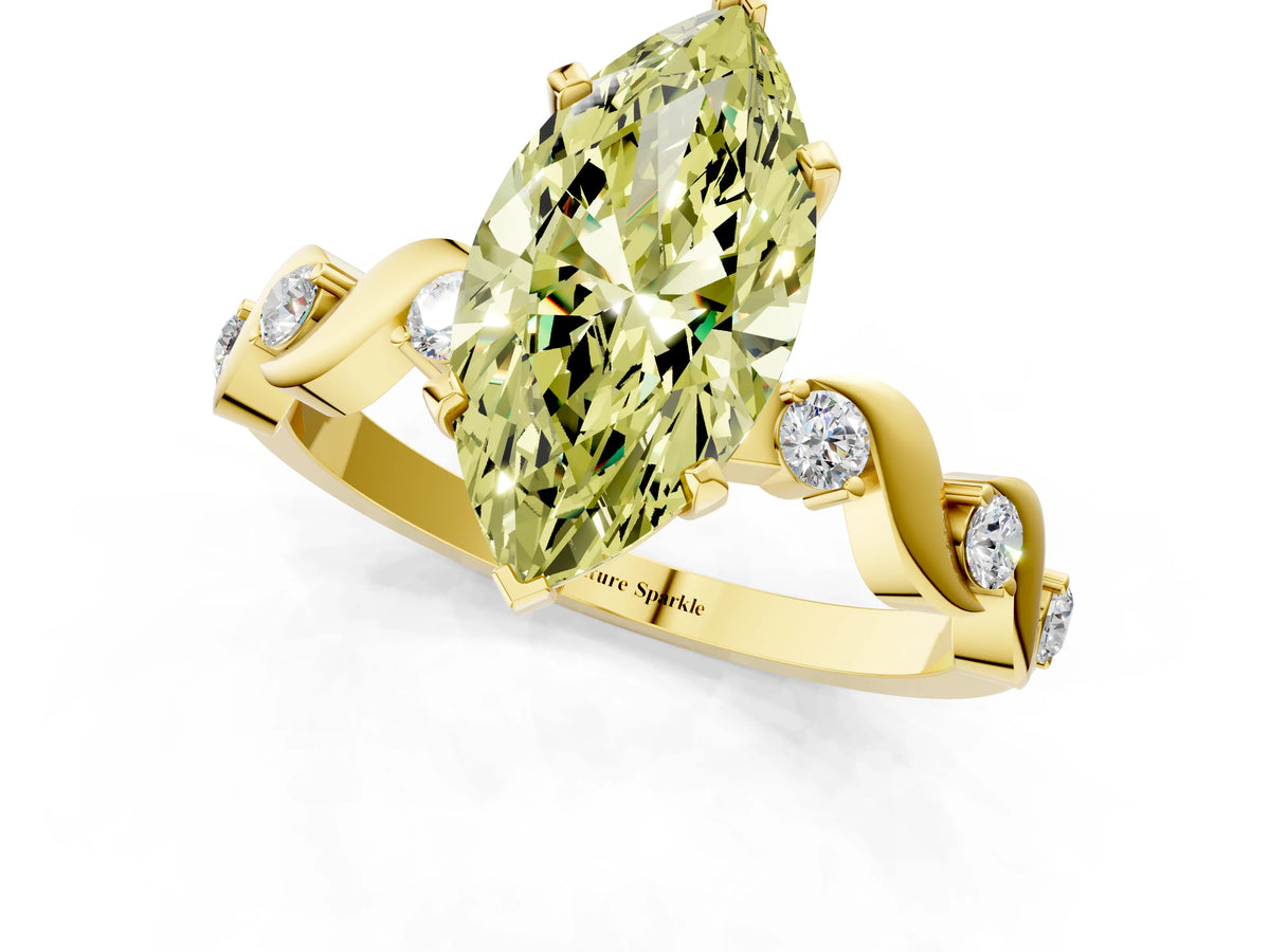 Fancy Yellow Marquise Cut Diamond Solitaire Ring in Yellow gold with Twisted Ribbon Band and Round Accents_1
