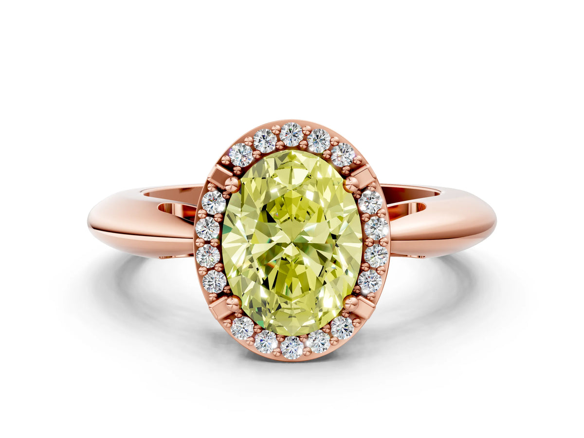 Fancy Yellow Oval Cut Diamond Halo Engagement Ring in Rose gold with Plain Split Shank and Prong Setting