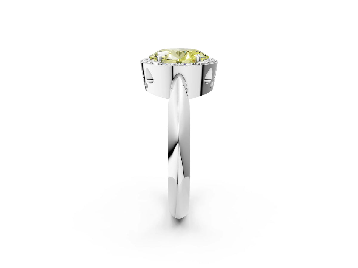 Fancy Yellow Oval Cut Diamond Halo Engagement Ring in White gold with Plain Split Shank and Prong Setting_2