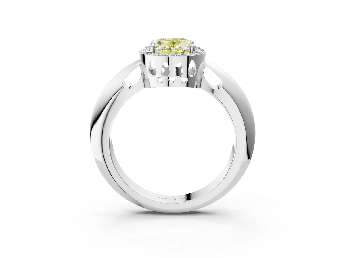 Fancy Yellow Oval Cut Diamond Halo Engagement Ring in White gold with Plain Split Shank and Prong Setting_3
