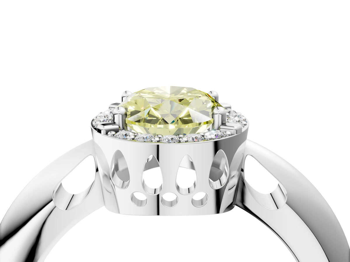 Fancy Yellow Oval Cut Diamond Halo Engagement Ring in White gold with Plain Split Shank and Prong Setting_4
