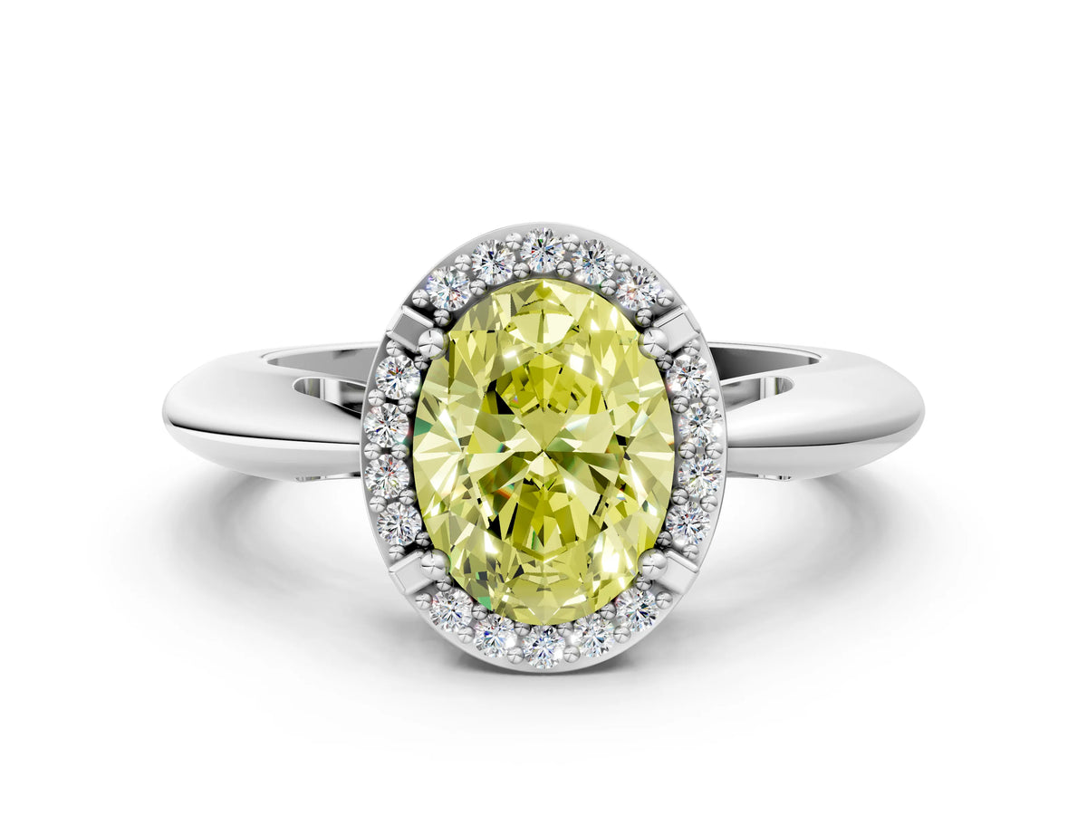 Fancy Yellow Oval Cut Diamond Halo Engagement Ring in White gold with Plain Split Shank and Prong Setting