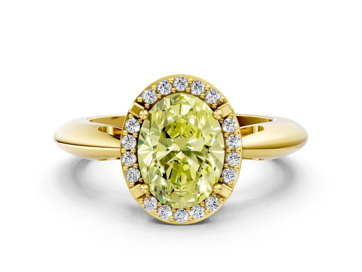 Fancy Yellow Oval Cut Diamond Halo Engagement Ring in Yellow gold with Plain Split Shank and Prong Setting