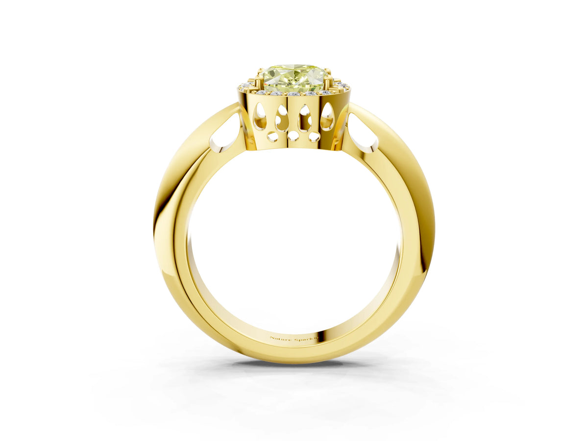 Fancy Yellow Oval Cut Diamond Halo Engagement Ring in Yellow gold with Plain Split Shank and Prong Setting_3