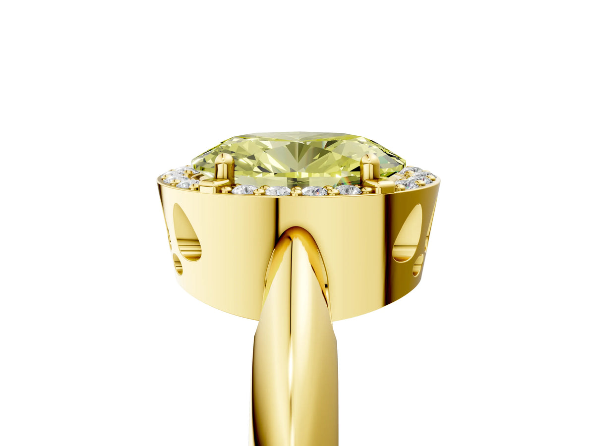 Fancy Yellow Oval Cut Diamond Halo Engagement Ring in Yellow gold with Plain Split Shank and Prong Setting_5