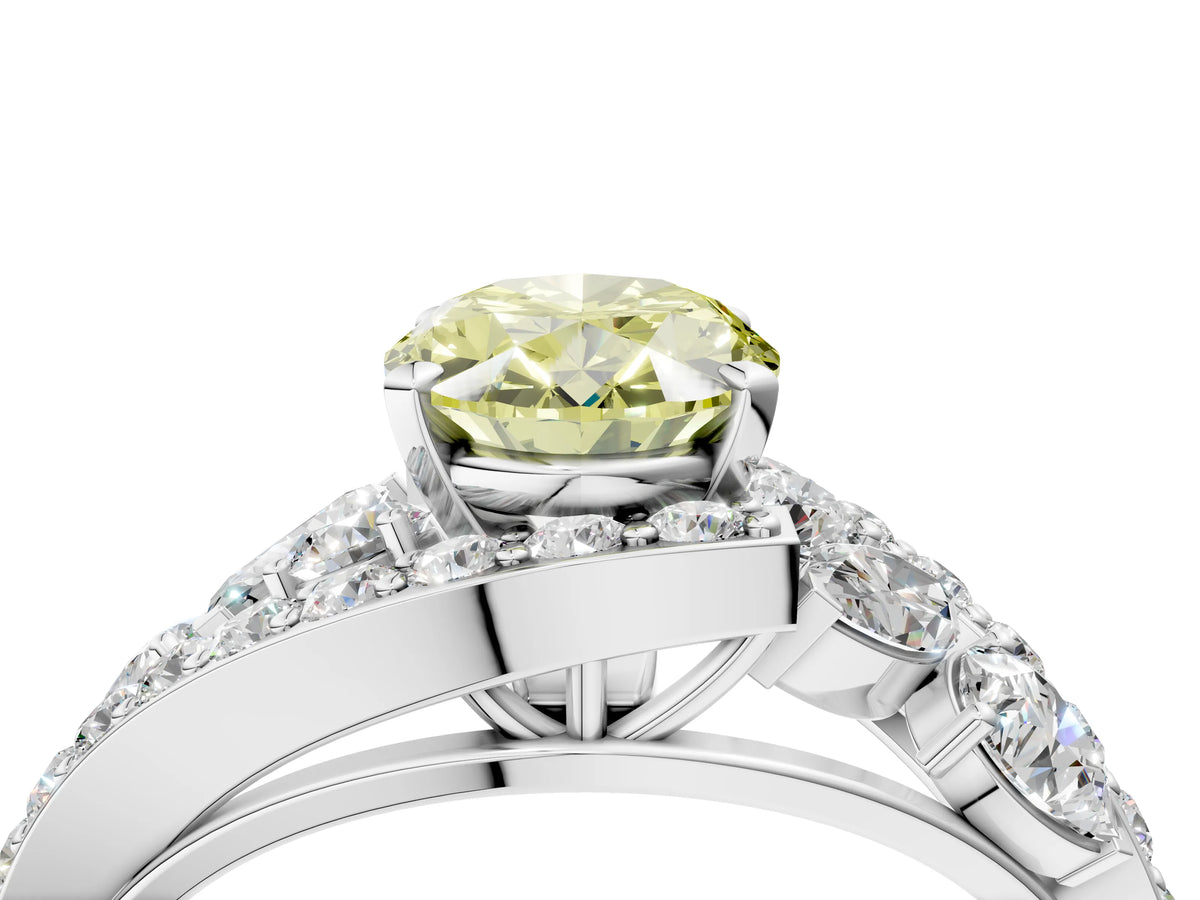 Fancy Yellow Oval Cut Diamond Halo Ring in Platinum with Marquise and Pavé Band in Prong Setting_10