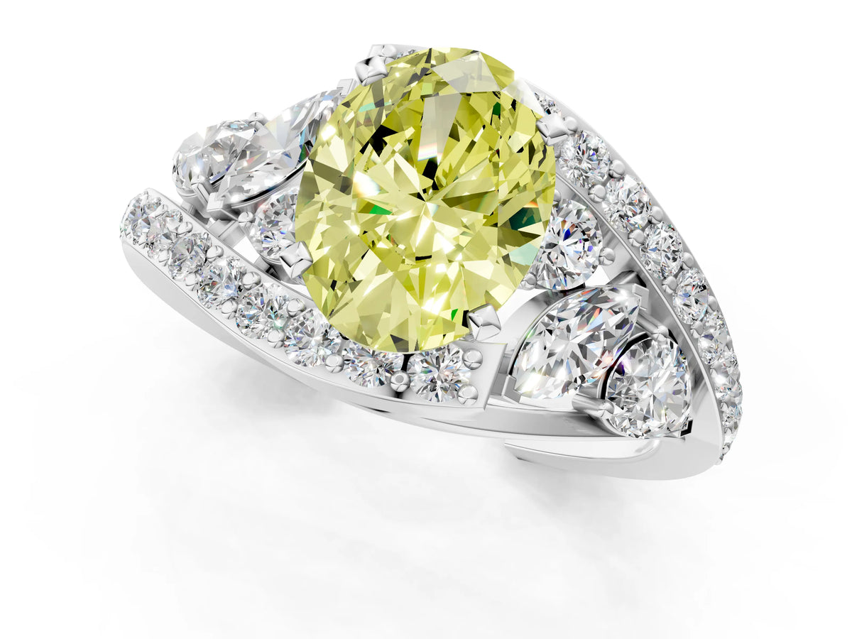 Fancy Yellow Oval Cut Diamond Halo Ring in Platinum with Marquise and Pavé Band in Prong Setting_7