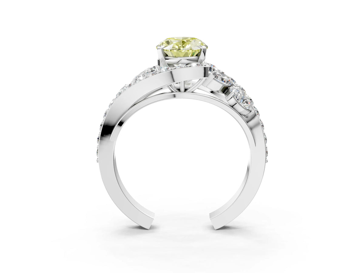 Fancy Yellow Oval Cut Diamond Halo Ring in Platinum with Marquise and Pavé Band in Prong Setting_9