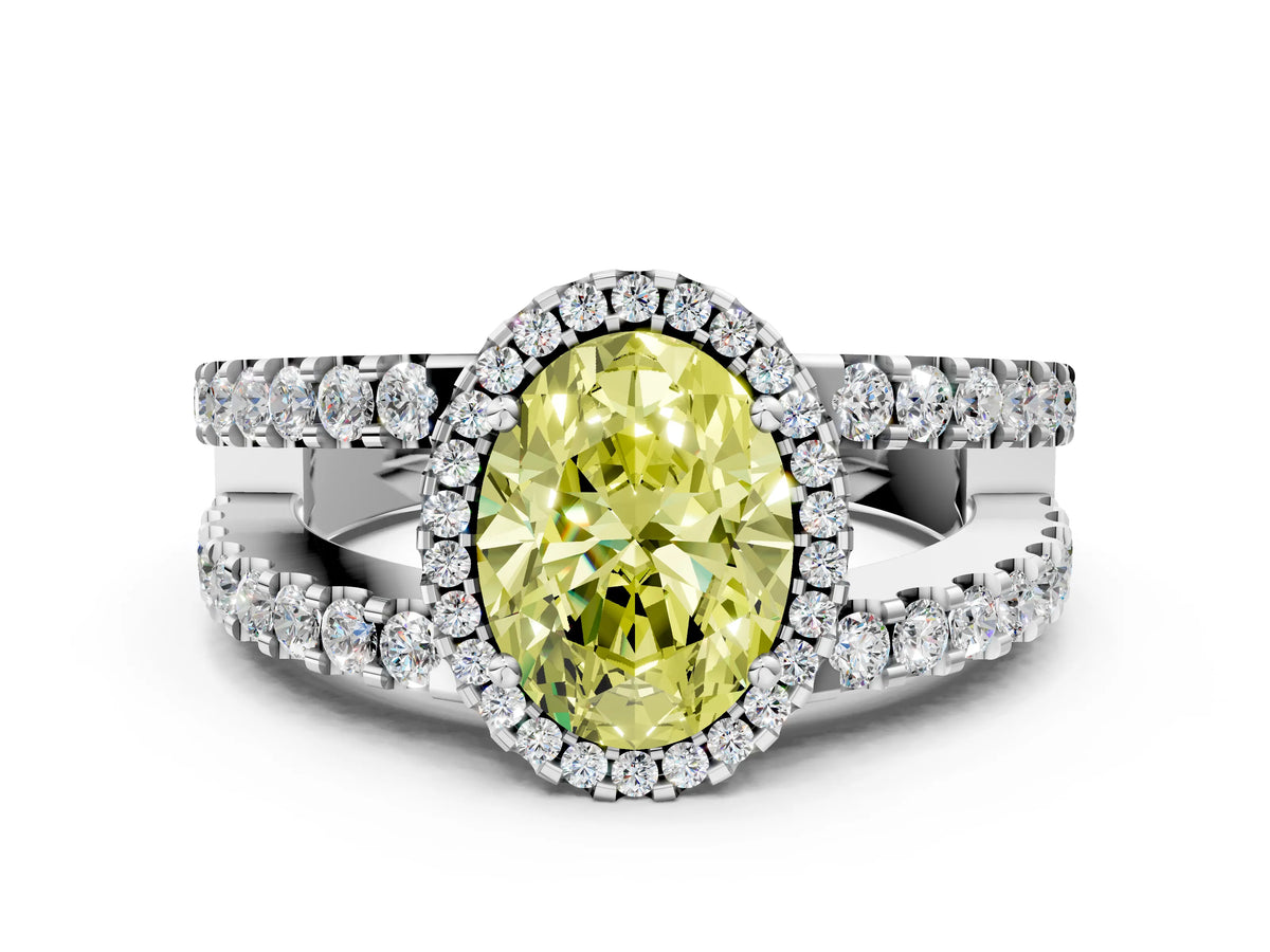 Fancy Yellow Oval Cut Diamond Halo Ring in Silver with Split Shank Band and Prong Setting_12