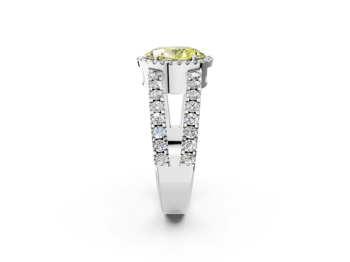 Fancy Yellow Oval Cut Diamond Halo Ring in Silver with Split Shank Band and Prong Setting_14