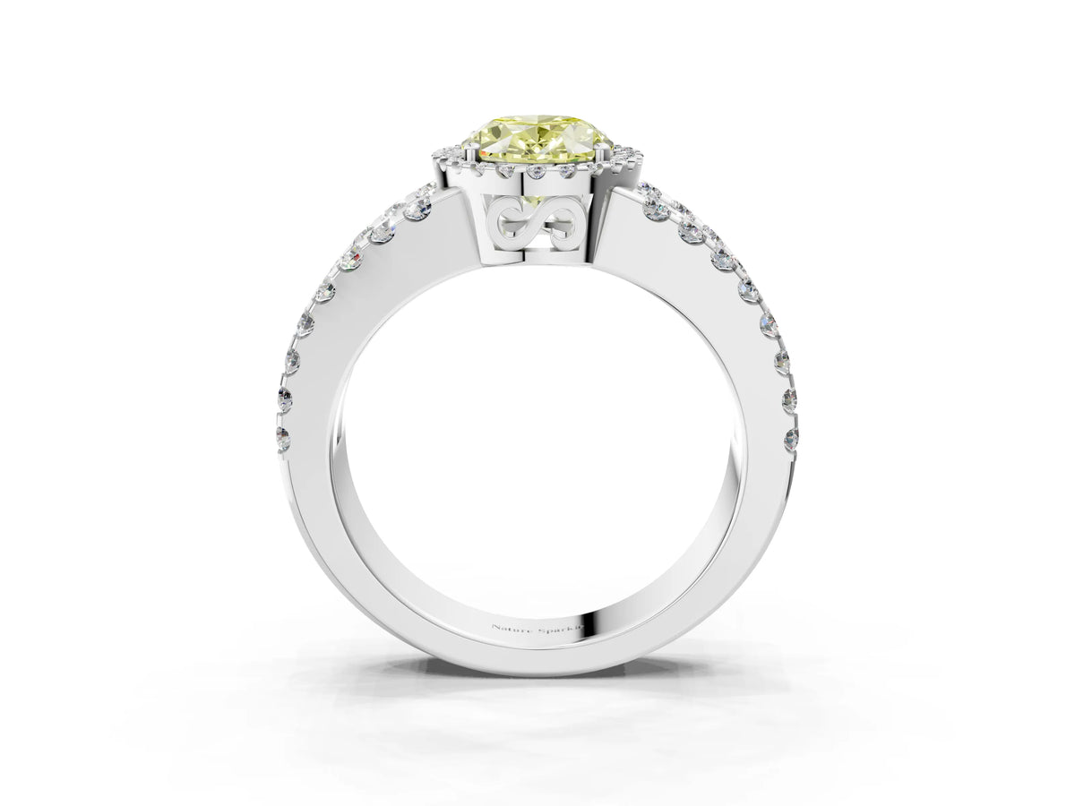 Fancy Yellow Oval Cut Diamond Halo Ring in Silver with Split Shank Band and Prong Setting_15