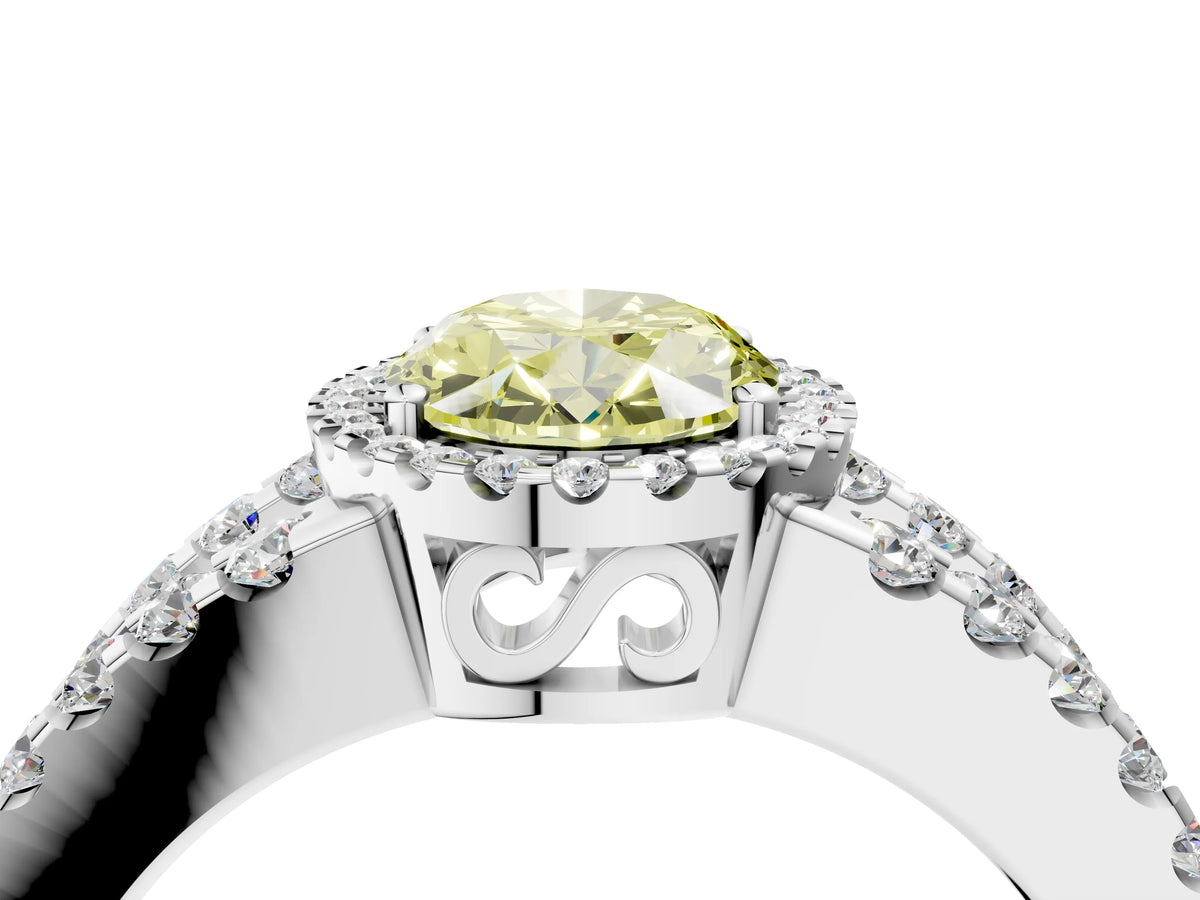 Fancy Yellow Oval Cut Diamond Halo Ring in Silver with Split Shank Band and Prong Setting_16