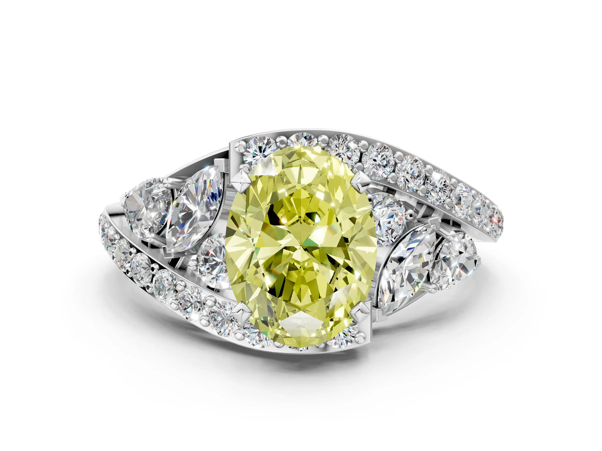 Fancy Yellow Oval Cut Diamond Halo Ring in White gold with Marquise and Pavé Band in Prong Setting