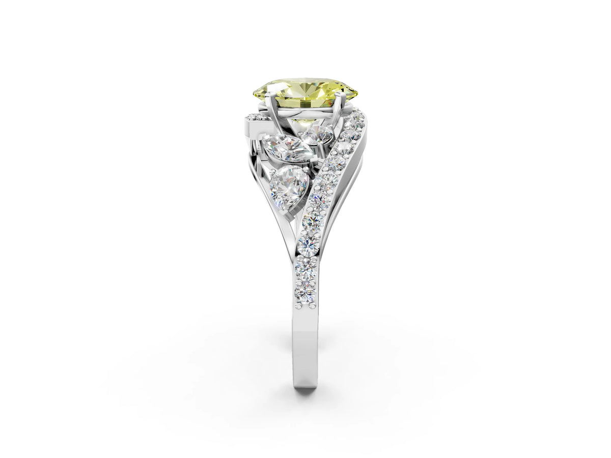 Fancy Yellow Oval Cut Diamond Halo Ring in White gold with Marquise and Pavé Band in Prong Setting_2