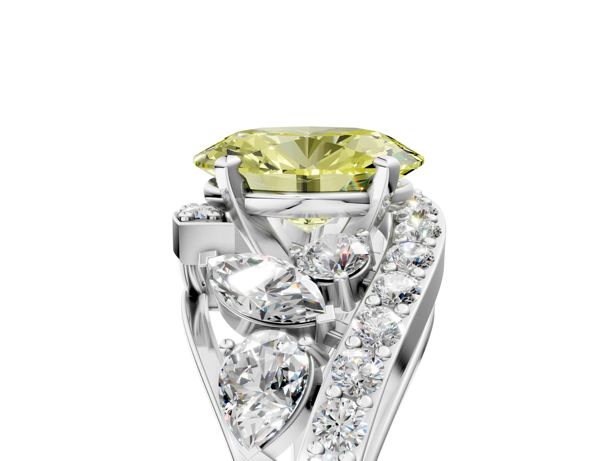 Fancy Yellow Oval Cut Diamond Halo Ring in White gold with Marquise and Pavé Band in Prong Setting_5
