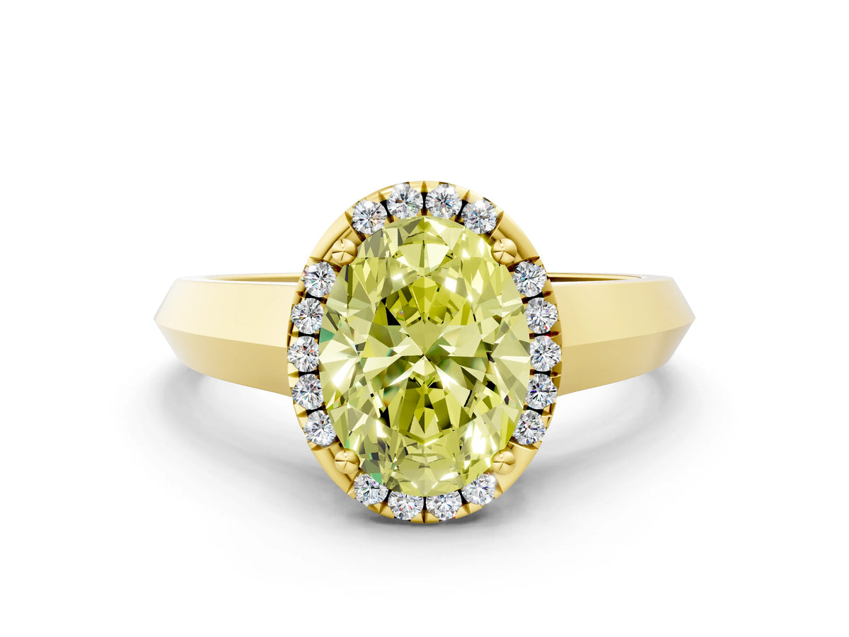 Fancy Yellow Oval Cut Diamond Halo Ring in Yellow gold with Cathedral Band and Prong Setting