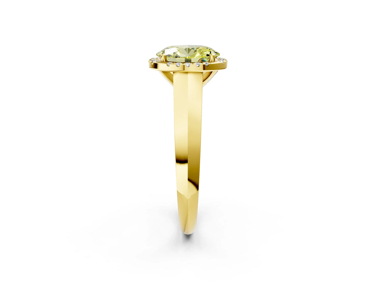 Fancy Yellow Oval Cut Diamond Halo Ring in Yellow gold with Cathedral Band and Prong Setting_2