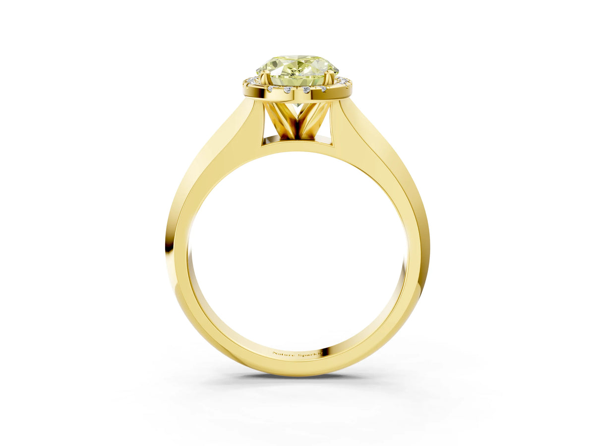 Fancy Yellow Oval Cut Diamond Halo Ring in Yellow gold with Cathedral Band and Prong Setting_3