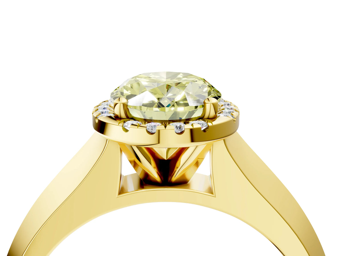 Fancy Yellow Oval Cut Diamond Halo Ring in Yellow gold with Cathedral Band and Prong Setting_4
