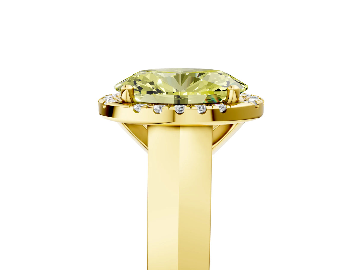 Fancy Yellow Oval Cut Diamond Halo Ring in Yellow gold with Cathedral Band and Prong Setting_5