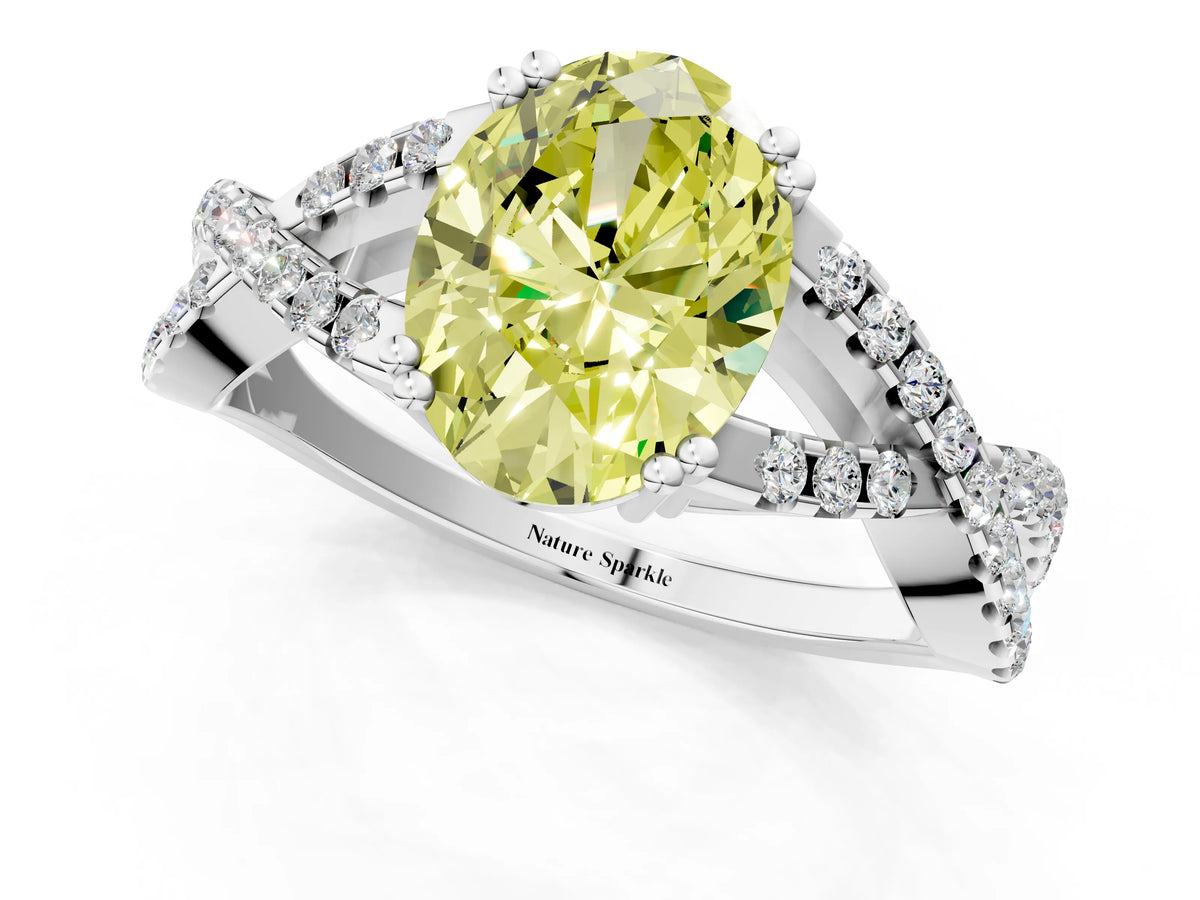 Fancy Yellow Oval Cut Diamond Solitaire Ring in Silver with Interwoven Pavé Band and Prong Setting_7