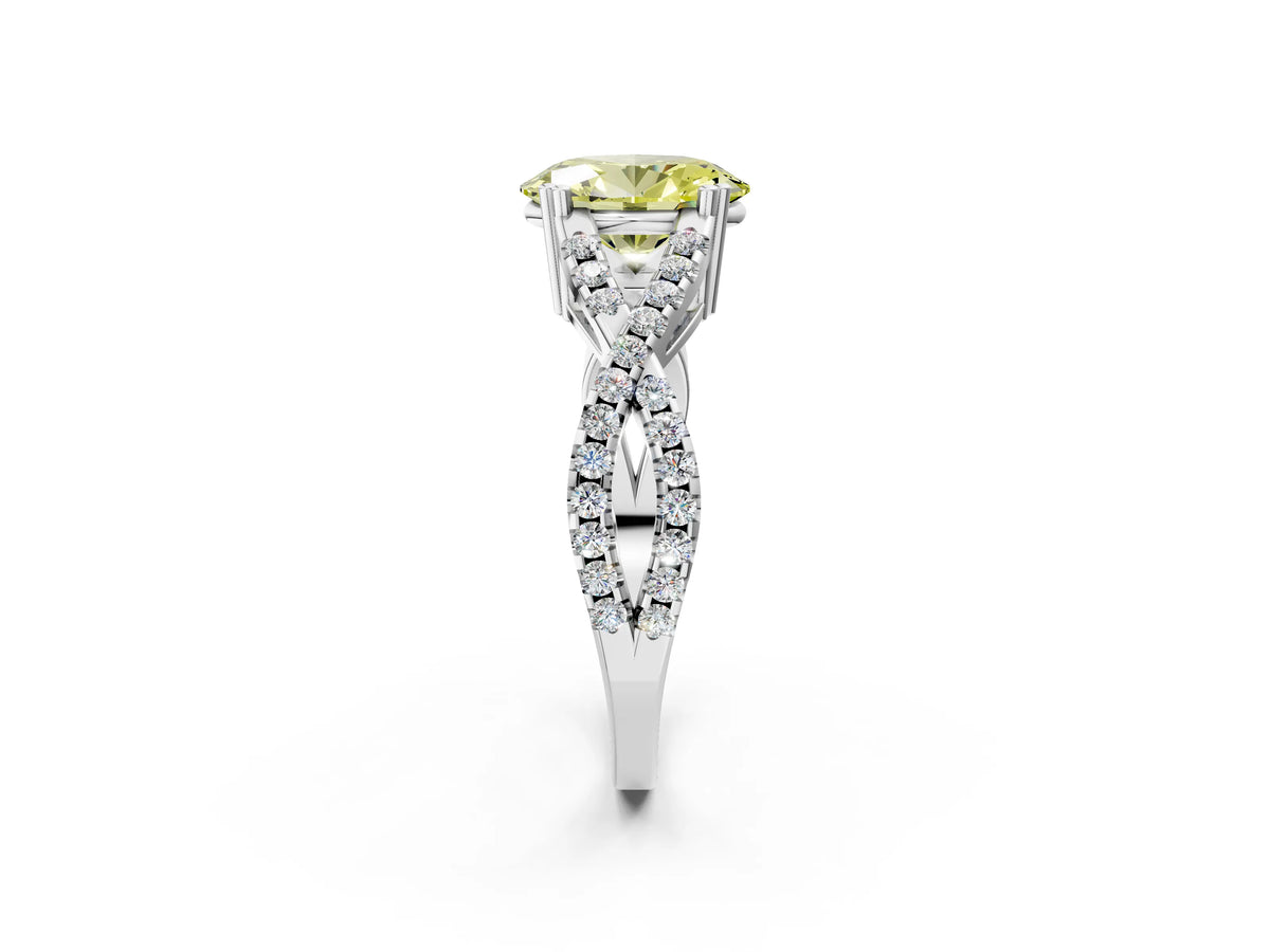 Fancy Yellow Oval Cut Diamond Solitaire Ring in Silver with Interwoven Pavé Band and Prong Setting_8