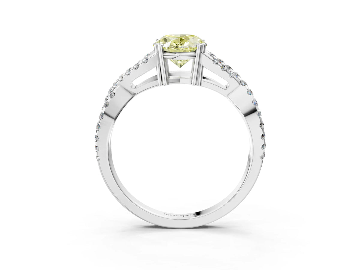 Fancy Yellow Oval Cut Diamond Solitaire Ring in Silver with Interwoven Pavé Band and Prong Setting_9